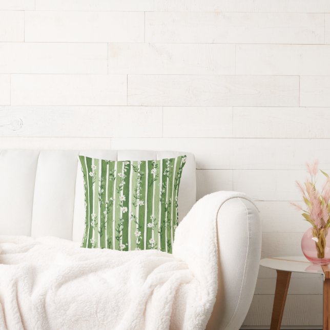 Green Stripes White Flowers Throw Pillow (Couch)