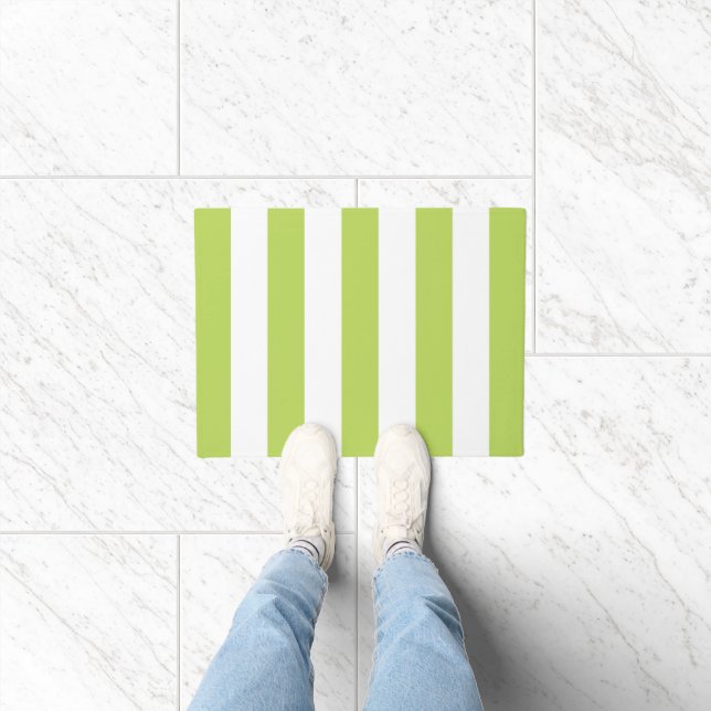 Green Stripes, White Stripes, Striped Pattern Doormat (Indoor)