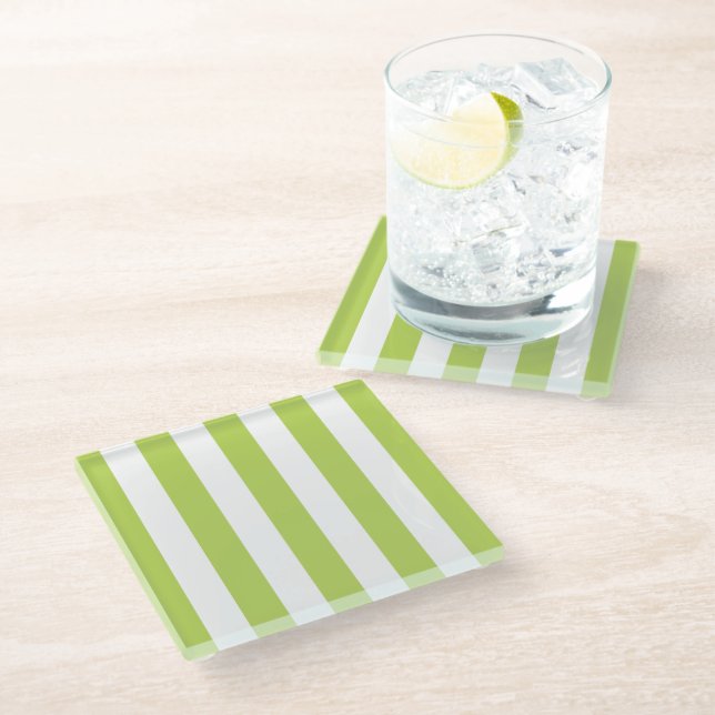 Green Stripes, White Stripes, Striped Pattern Glass Coaster (Angled)