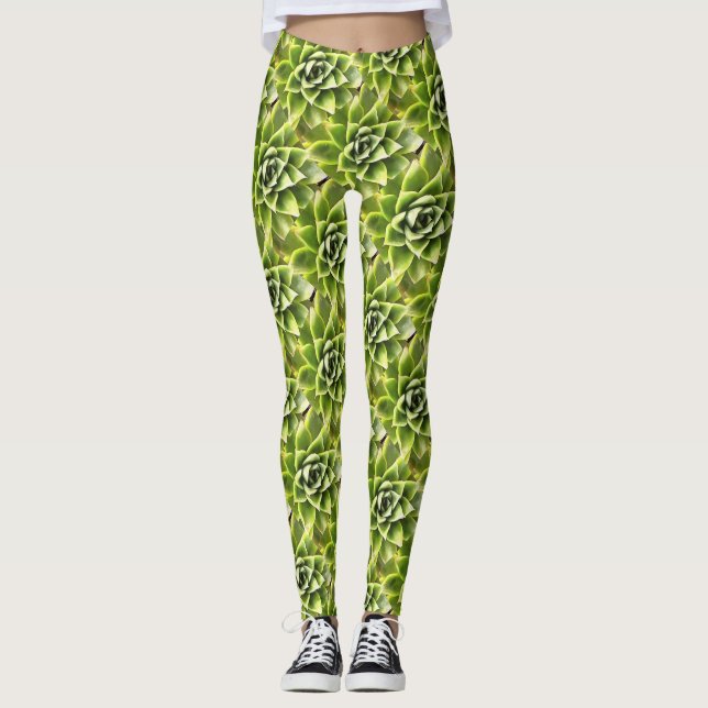 Green Succulent Close Up Cacti Art Leggings (Front)