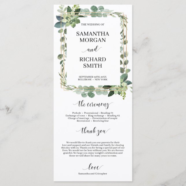 Green succulent floral gold geometric wedding program (Front)
