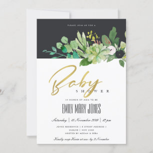 GREEN SUCCULENT FOLIAGE WATERCOLOR BABY SHOWER INVITATION