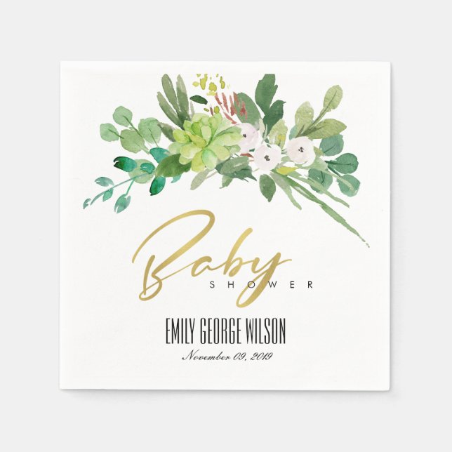 GREEN SUCCULENT FOLIAGE WATERCOLOR BABY SHOWER NAPKIN (Front)