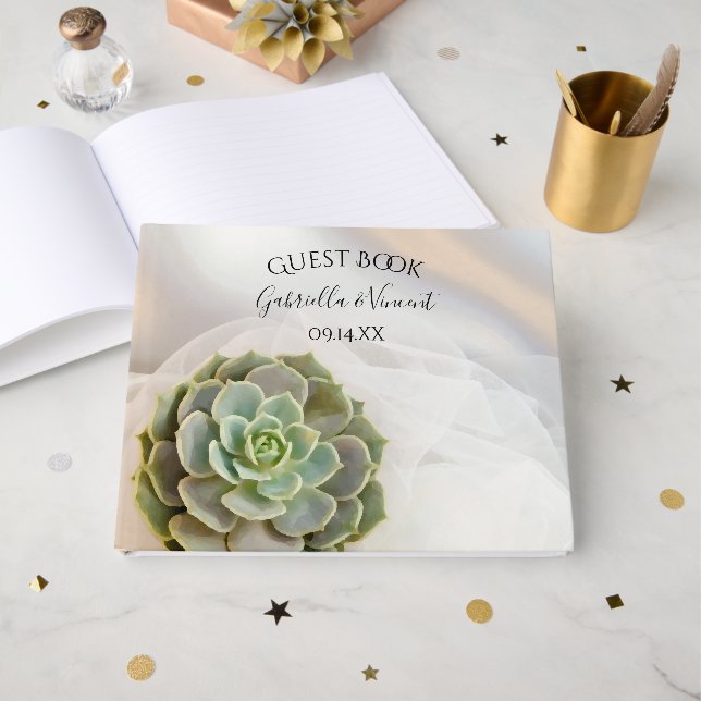 Green Succulent on White Wedding Guest Book (Front Open)