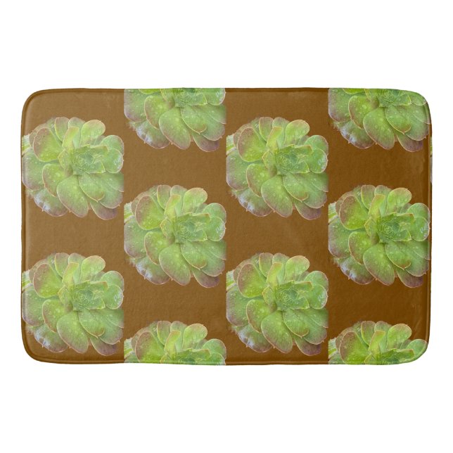 Green Succulent Pattern Earthy Brown Bath Mat (Front)