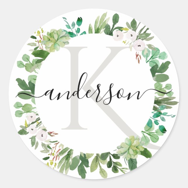 GREEN SUCCULENT WREATH FOLIAGE WATERCOLOR MONOGRAM CLASSIC ROUND STICKER (Front)