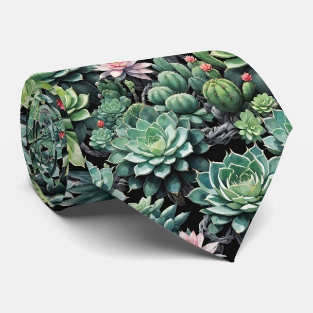 Green Succulents and Blooming Cactus Plants Tie (Rolled)