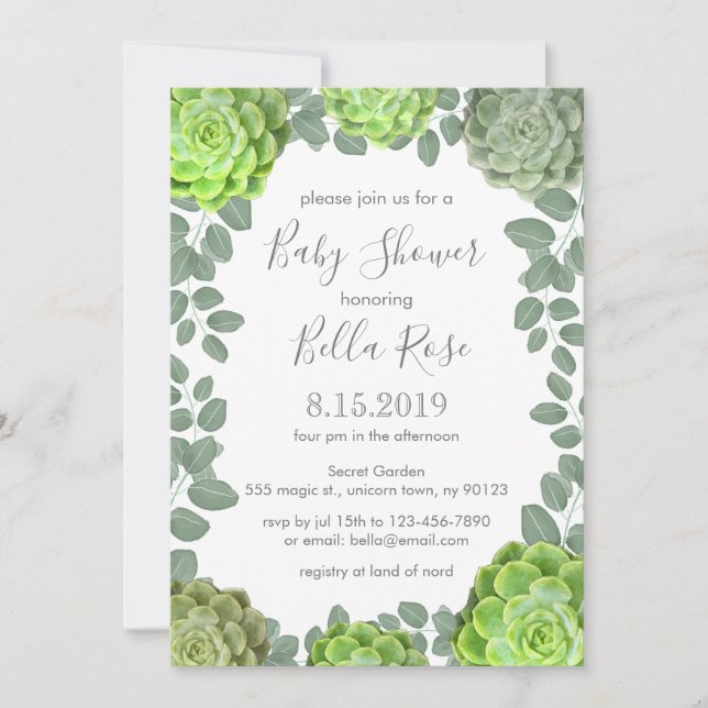 Green Succulents Baby Shower Invitations (Front)