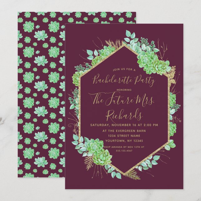 Green Succulents Bachelorette Party Invitation (Devant / Derrière)