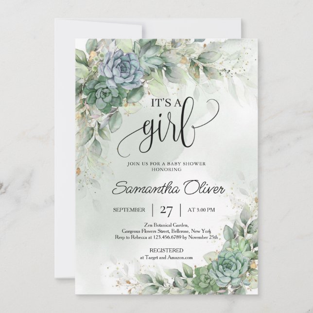 Green succulents eucalyptus foliage it's a girl invitation (Front)