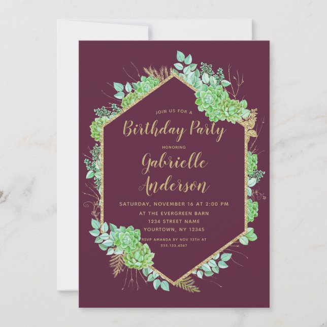 Green Succulents Gold Birthday Party Invitation (Front)