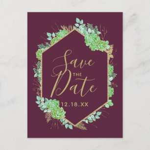 Green Succulents Gold Frame Marsala Save the Date Announcement Postcard
