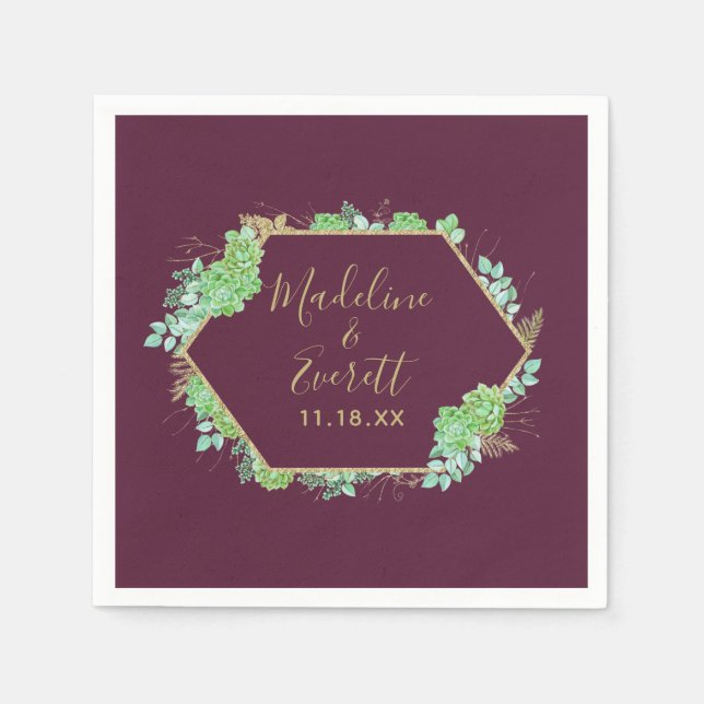 Green Succulents Gold Frame Wedding Monogram Napkin (Front)