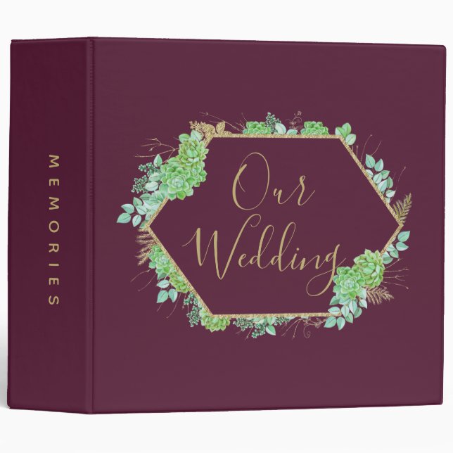 Green Succulents Gold Frame Wedding Photo Album Binder (Front/Spine)