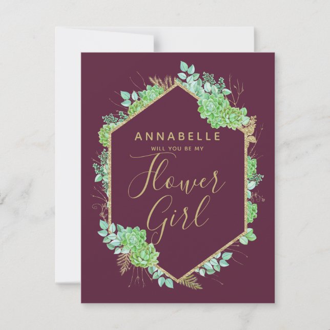 Green Succulents Gold Will You Be My Flower Girl Invitation (Front)