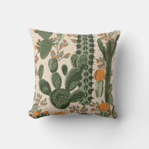Green succulents, orange flowers, beach wallpaper. throw pillow