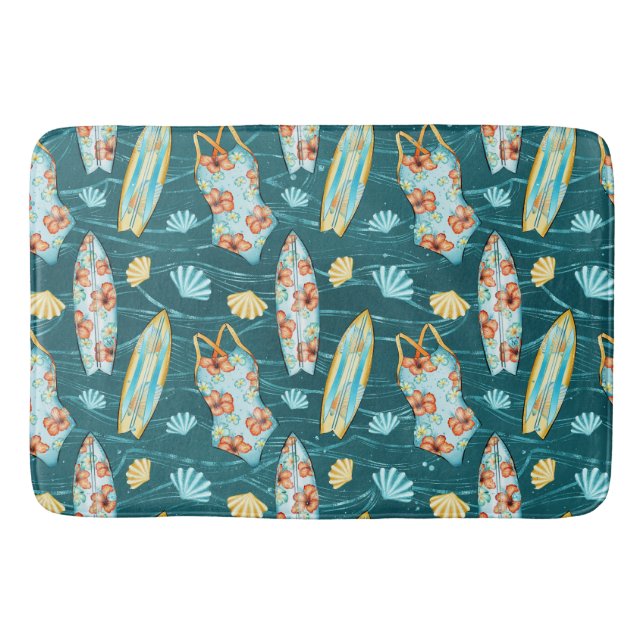 GREEN SUMMER BATHING SUITS SURFBOARDS AND SEASHELL BATH MAT (Front)