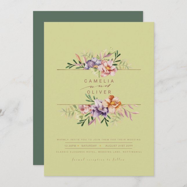 Green Summer Floral Wedding Invite QR Code (Front/Back)