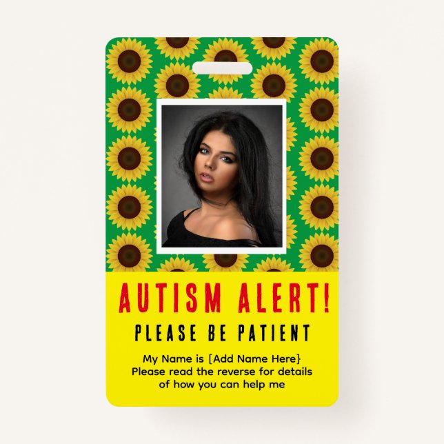 Green Sunflower Autism Alert Photo ID and NEEDS  Badge (Front)