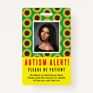 Green Sunflower Autism Alert Photo ID and NEEDS  Badge