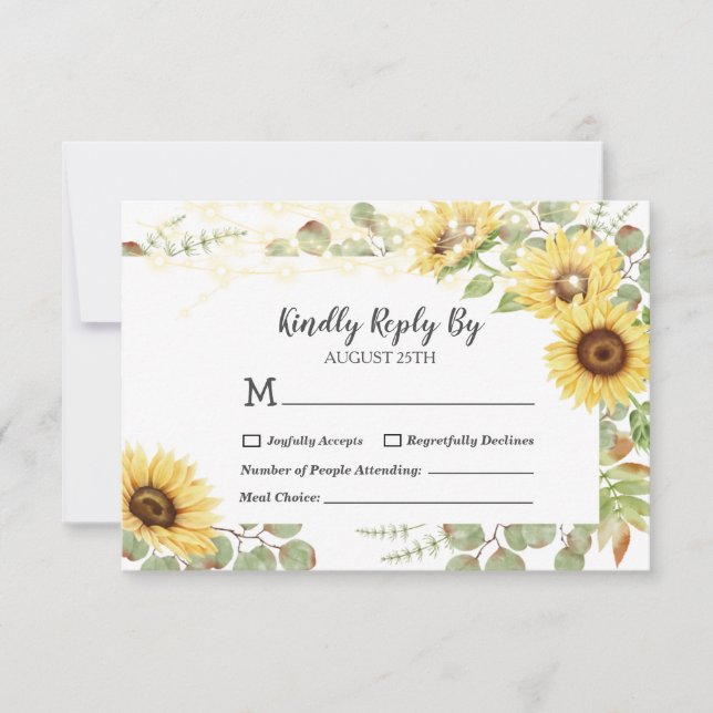 Green Sunflower Eucalyptus String Lights Wedding  RSVP Card (Front)