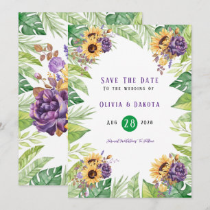 Green Sunflower Purple Floral Save The Date Cards