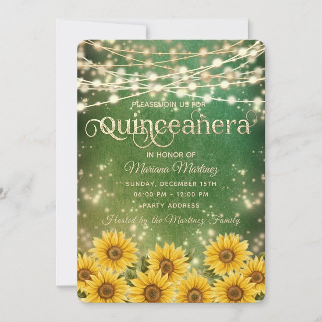 Green Sunflower  String lights gold sparkle  Invitation (Front)