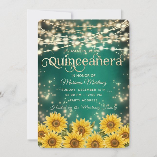 Green Sunflower  String lights gold sparkle quince Invitation (Front)