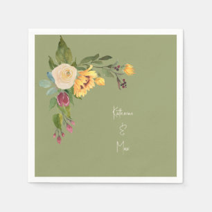 Green Sunflower Wedding Cocktail Napkin