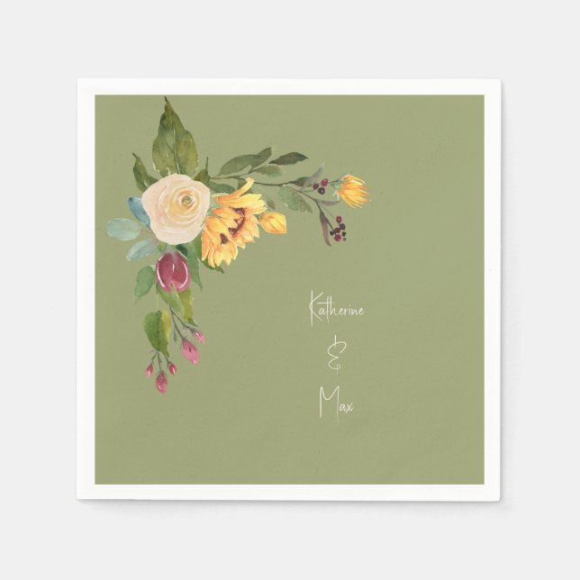 Green Sunflower Wedding Cocktail Napkin (Front)