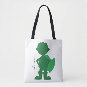 Green Superhero Boy Modern Personalized Silhouette Tote Bag