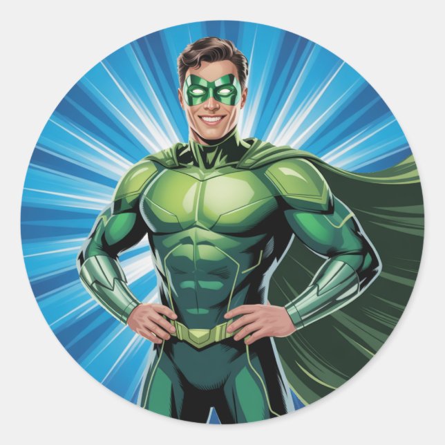 Green Superhero Boys Birthday Party Classic Round Sticker (Front)