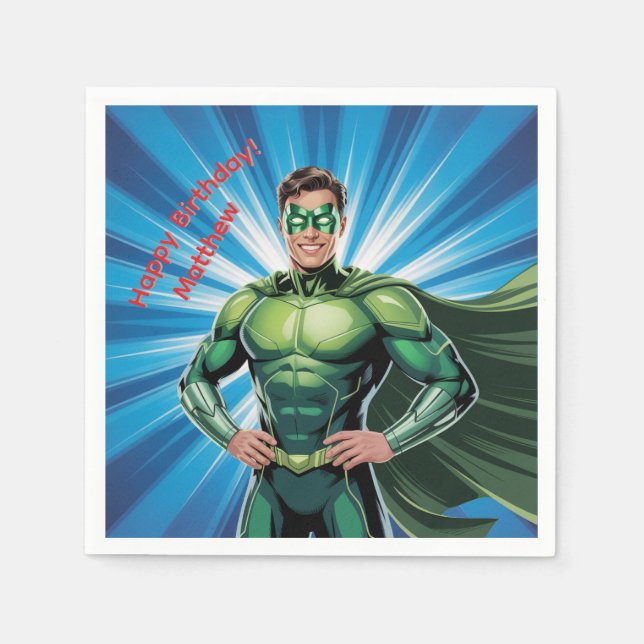Green Superhero Boys Birthday Party Napkin (Front)
