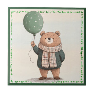 Green Sweater Bear with Fall Plaid Scarf Tile