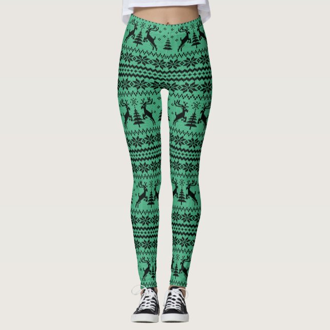 Green Sweater Reindeer Christmas Leggings (Front)