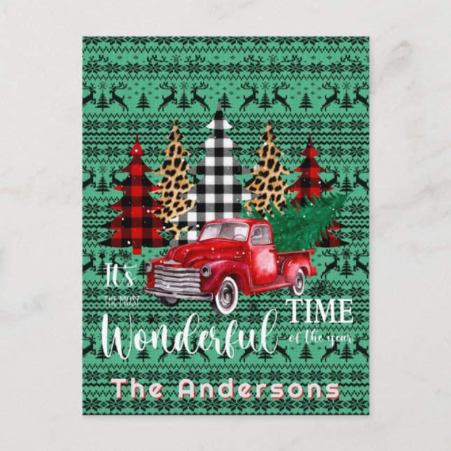 Green Sweater Reindeer Red Vintage Truck Holiday Postcard (Front)