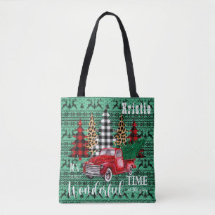 Green Sweater Reindeer Vintage Red Truck Christmas Tote Bag