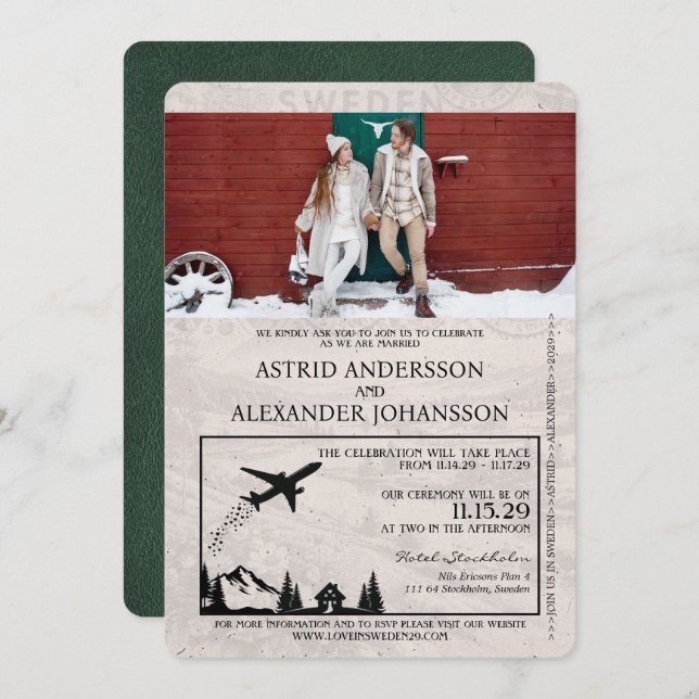 Green Sweden Passport Wedding Invitation (Front/Back)