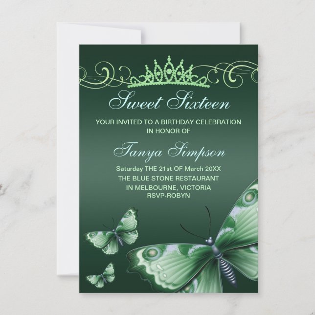 Green Sweet16 Butterfly & Tiara Birthday Invite (Front)