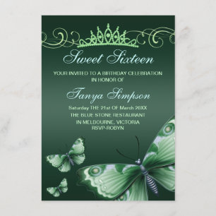 Green Sweet16 Butterfly & Tiara Birthday Invite