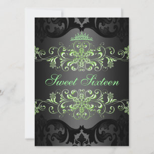 Green Sweet16 Elegant Tiara Damask Birthday Invite
