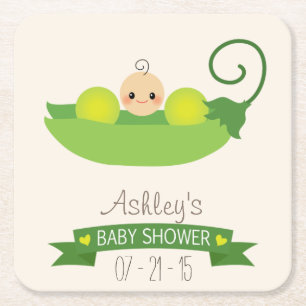 Green Sweet Pea Baby Shower Square Paper Coaster