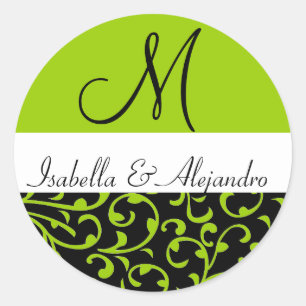 Green Swirl Damask Monogram Wedding Labels