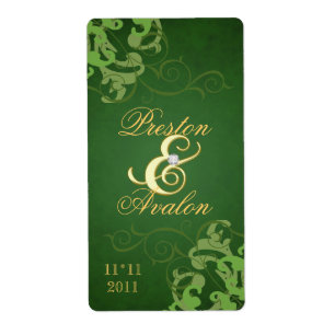 Green Swirl Gold Jewelled Wedding Wine Label