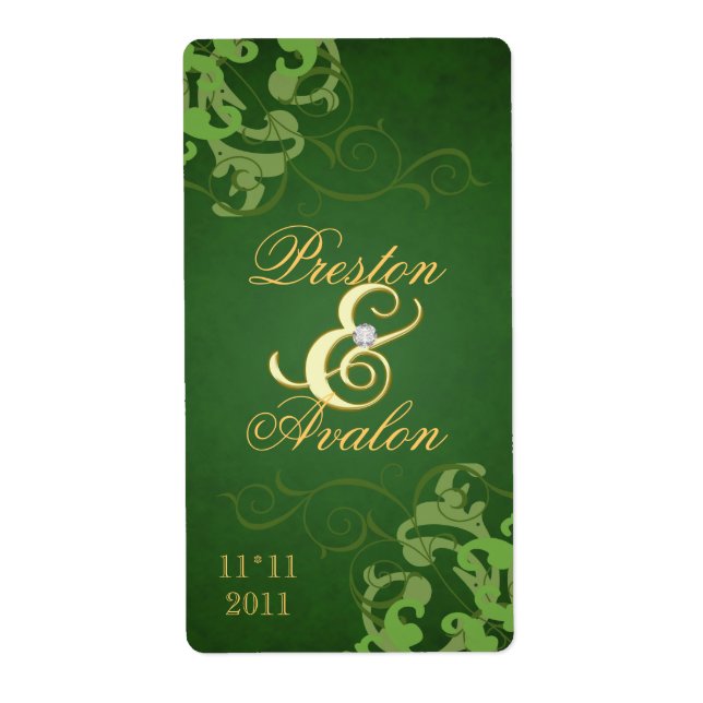 Green Swirl Gold Jewelled Wedding Wine Label (Front)