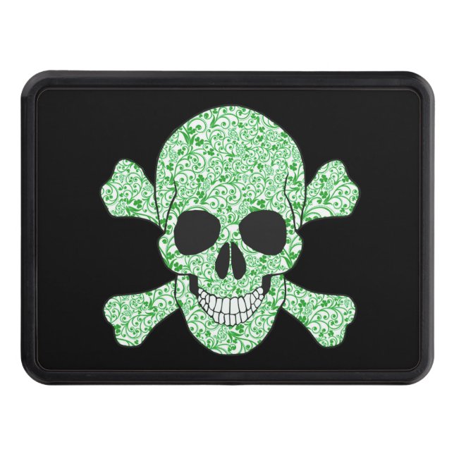 Green Swirl Skull And Crossbones Trailer Hitch Cover (Front)