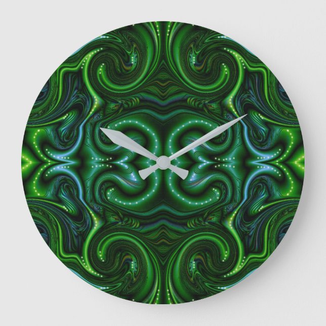 Green Swirly Spotted Abstract Fine Art Glass Look Large Clock (Front)