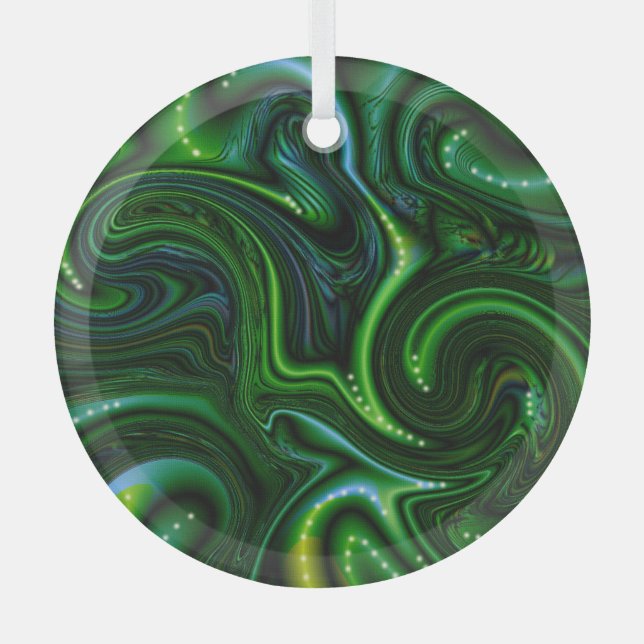 Green Swirly Spotted Abstract Fine Art Suncatcher Glass Ornament (Front)