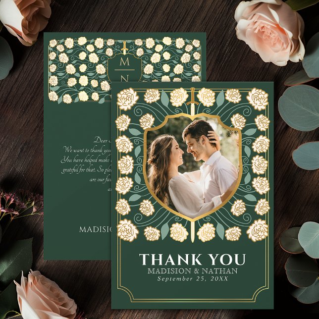 Green Sword & Shield Medieval Fantasy Wedding Thank You Card (Creator Uploaded)