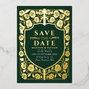 Green Sword Shield Medieval Monogram Save the Date